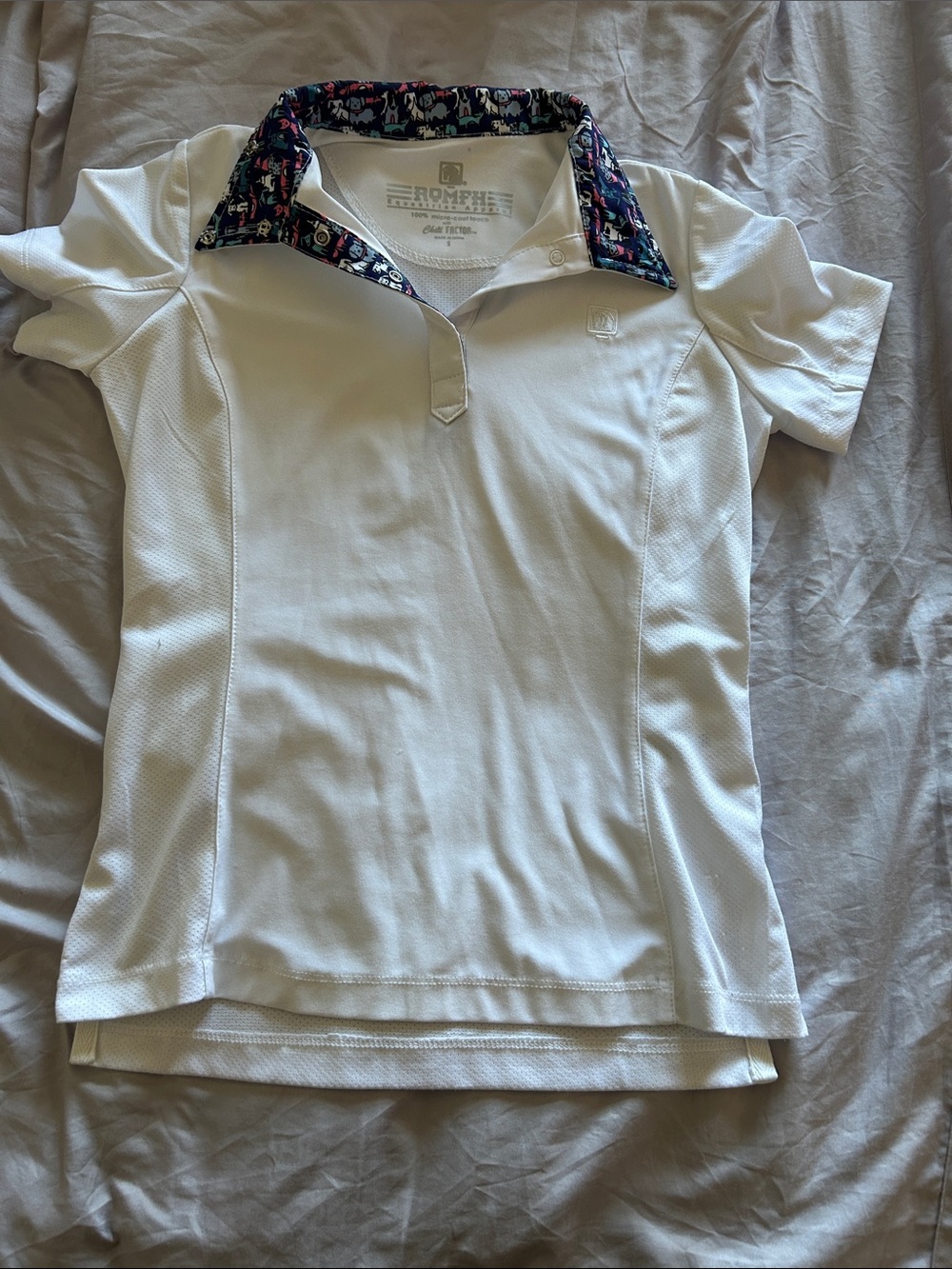 Romfh White Girls' Polo with Navy Multi-Color Patterned Collar